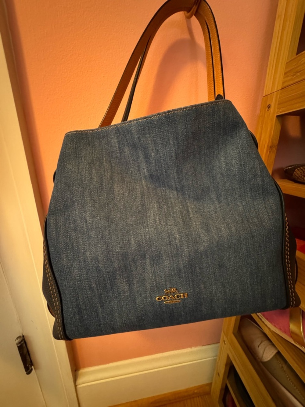 Coach Blue Denim Tote with Gold Logo and Navy and Tan Handles - Picture 4 of 10
